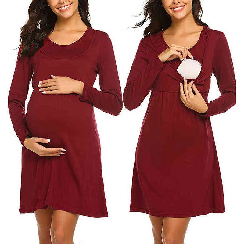 2021 nouvelle mode femmes élégantes enceintes automne robe à manches longues solide vêtements de nuit d'allaitement robe pour l'allaitement G220309