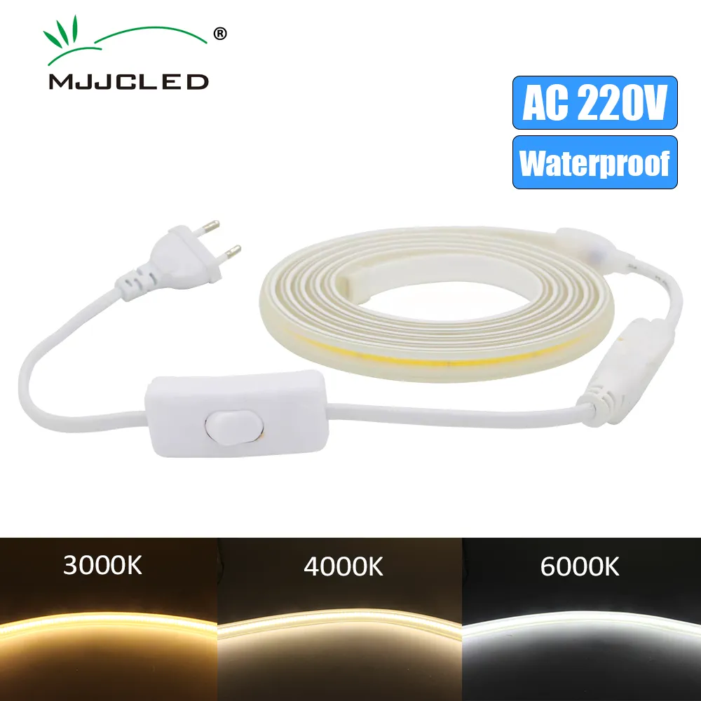 AC 220V COB LED 스트립 라이트 방수 LED 리본 288LEDS/M 고밀도 유연성 및 밝기 3000K 4000K 6000K 테이프