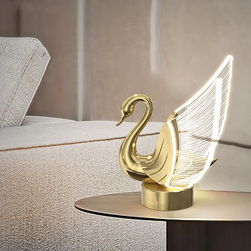 Creative Gold Swan Настольная лампа Современный Роскошный Дизайнер Изучение Спальня Светодиодная Подъемный Свет