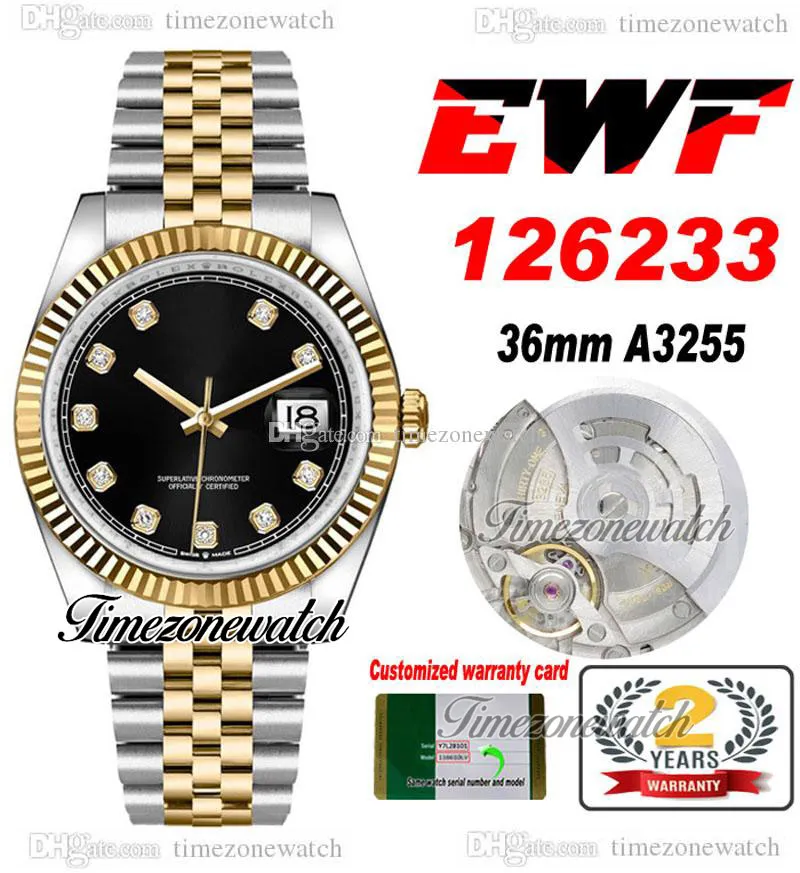 EWF 36 126233 A3235 Автоматические мужские Часы Двухтона Желтое Золото Черные Алмазы 904L Джубилестелистический Браслет То же Serial Card Super Edition TimeZoneWatch R01