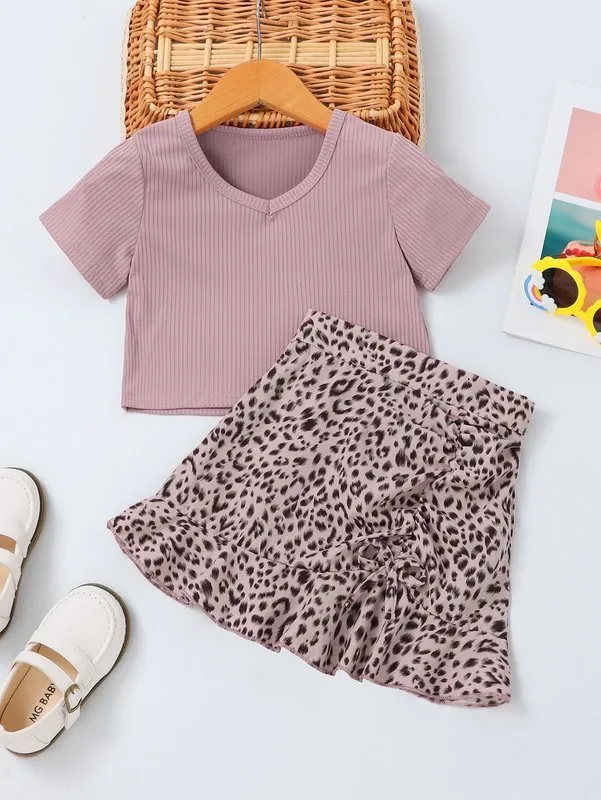 Jupe en t-shirt uni à imprimé léopard et ourlet à volants pour toute-petite fille SHE