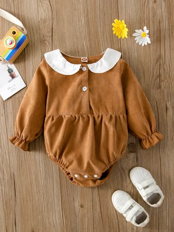 Baby Plain Stitched Peter Pan Collar Corduroy Jumpsuit hon