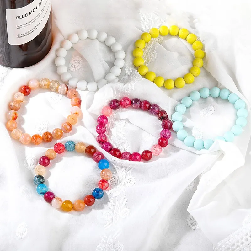 10mm Natural Agates Frosted Glass Bracelet Natural Stone Round Beads Elasticity Rope Men Women Bracelets