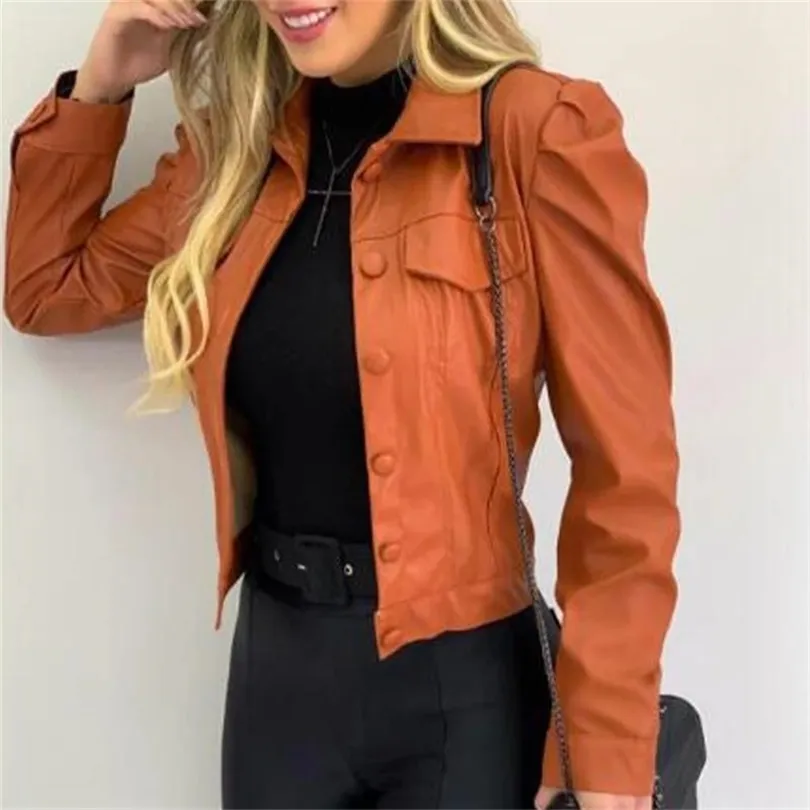 Autumn PU Leather Pleated Women Short Jacket Long Sleeve Turn-Down Collar Single Breasted Female Jackets Solid Casual Lady Coat 210923