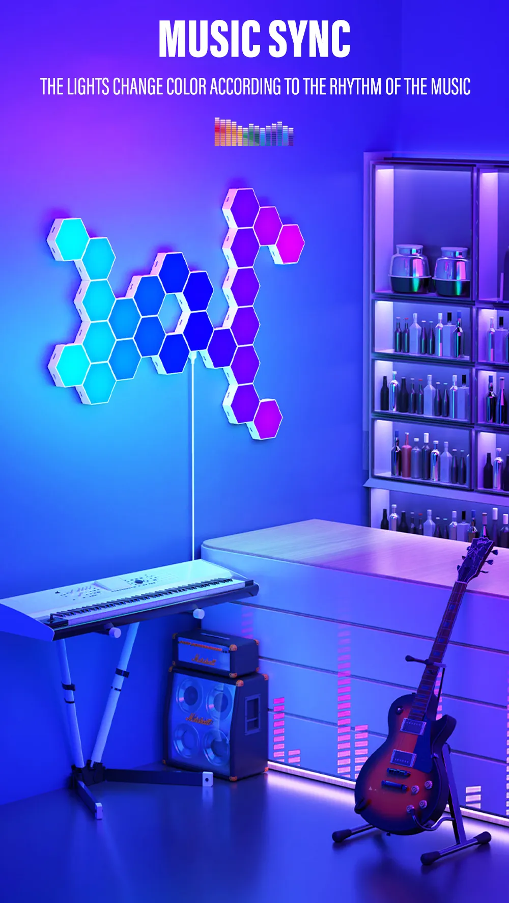 Applique murale LED hexagonale RGB, Bluetooth, éclairage d'intérieur avec  télécommande, lampe de nuit, ordinateur, salle de jeux, chambre à coucher