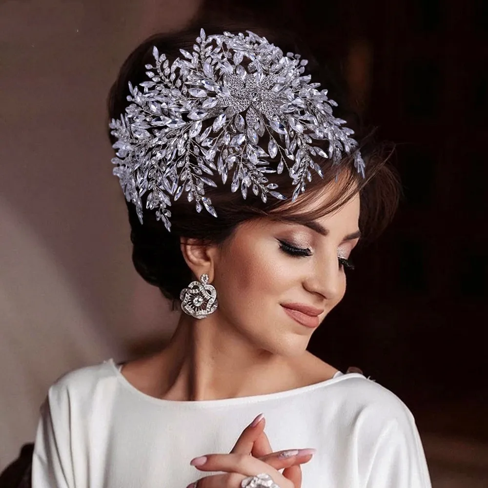 Sparkly Yaprak Çiçek Elmas Tiara Uzun Barok Kristal Gelin Şapkalar Taç Rhinestone Ile Düğün Takı Saç Aksesuarları Elmas Gelin Taçlar Başlıklar