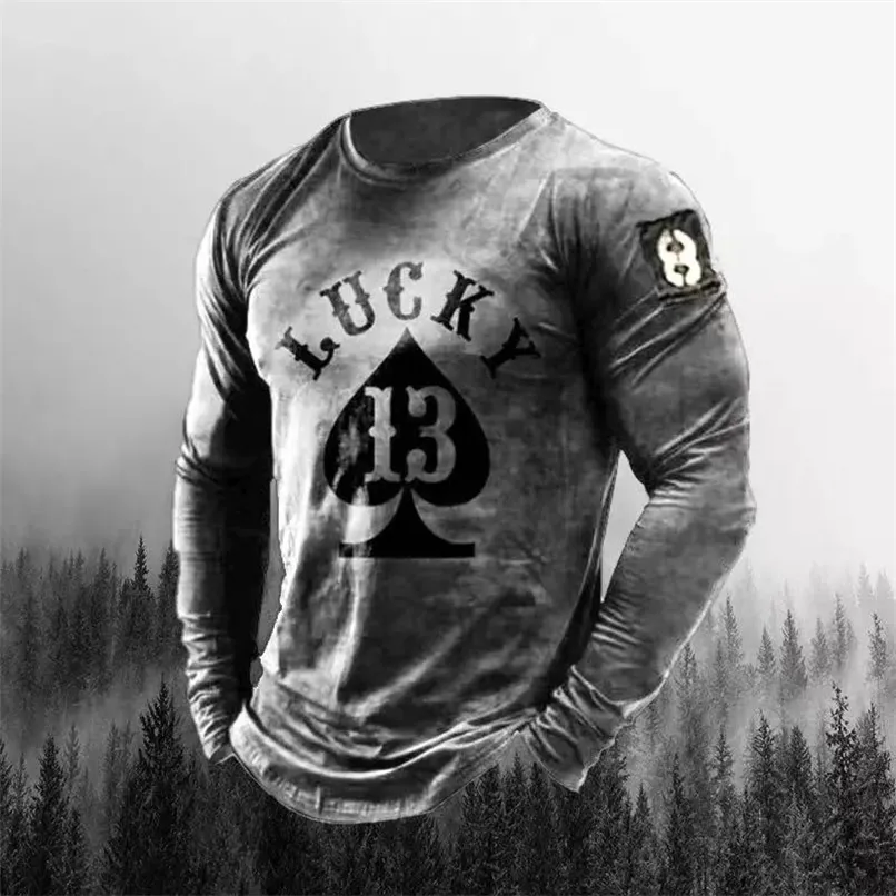 Poker Een print T-shirt Lange mouw Winter O-Neck Soft Top Heren Fashion Skull Us Vintage Cotton Comfortabele kleding T-shirt 220530