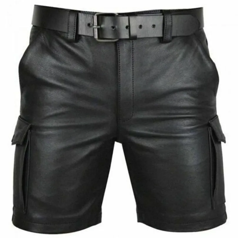 Thoshine Brand Summer Men Leather Shorts Elastic Outerwear Short Pants Male Fashion PU Faux 220325