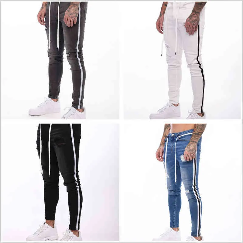 New Men's Street Skinny Jeans Hole Ripped Fashion Exercise Cowboy The Side Stripe White Men's Jeans Skinny Stretch Pants S-3XL G0104