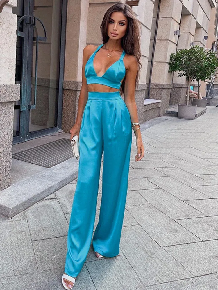 Cryptographic Silky Satin Camis Crop Top And Pants Set For Women