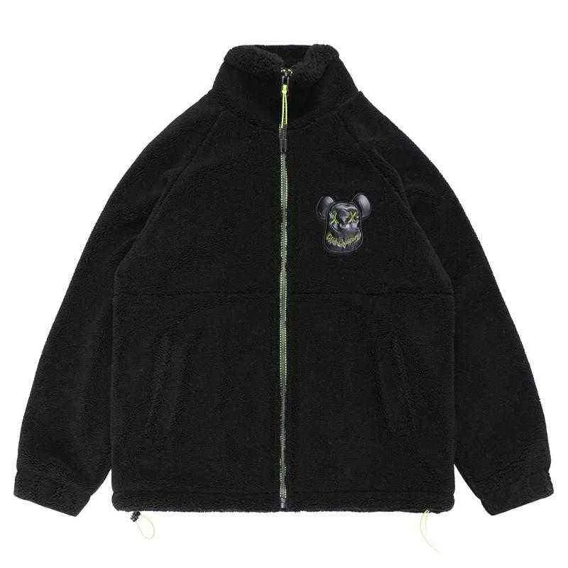 メンズジャケットウィンタージャケットコートメンズ女性ジップアップ漫画刺繍テディ濃い暖かいラムスウール特大のヒップホップハラジュクパンクジャックT220809