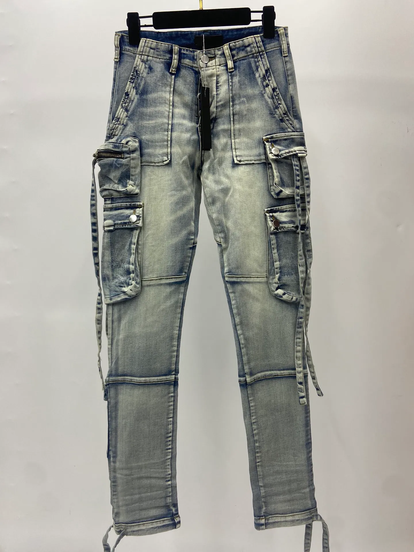 Calças de brim de carga de estilo de rua de tendência de outono e inverno, design de costura multibolso, jeans masculinos de alta qualidade, lavagem artesanal, jeans de grife de luxo