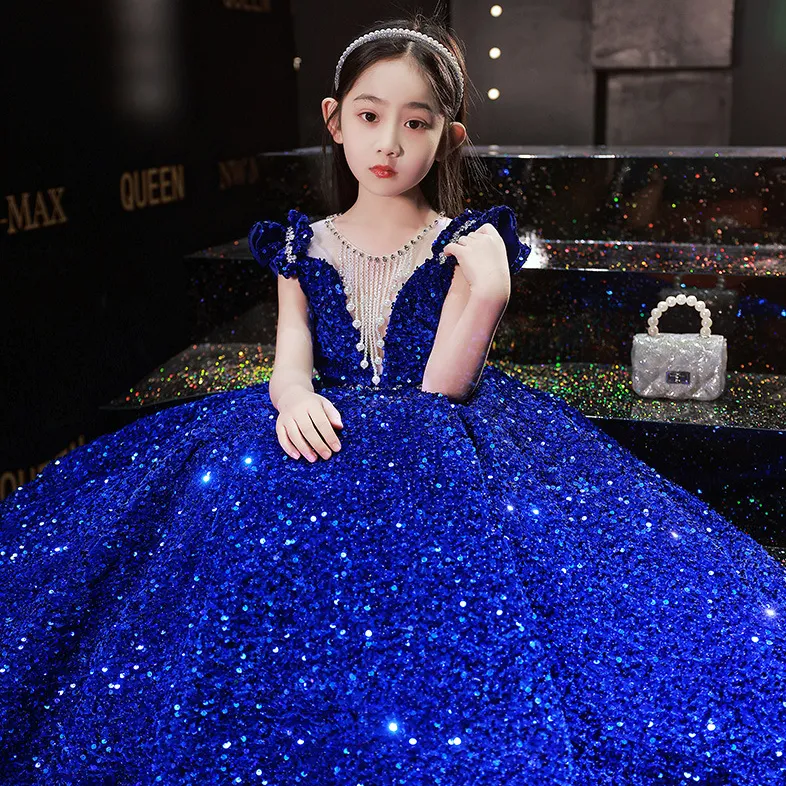 2022 Girl à paillettes Rangs de concours en dentelle Applique Satin première communion Robes Kids Ball Ball Ball Back Girls Pageant Robe Jewel Flower Girl Robes