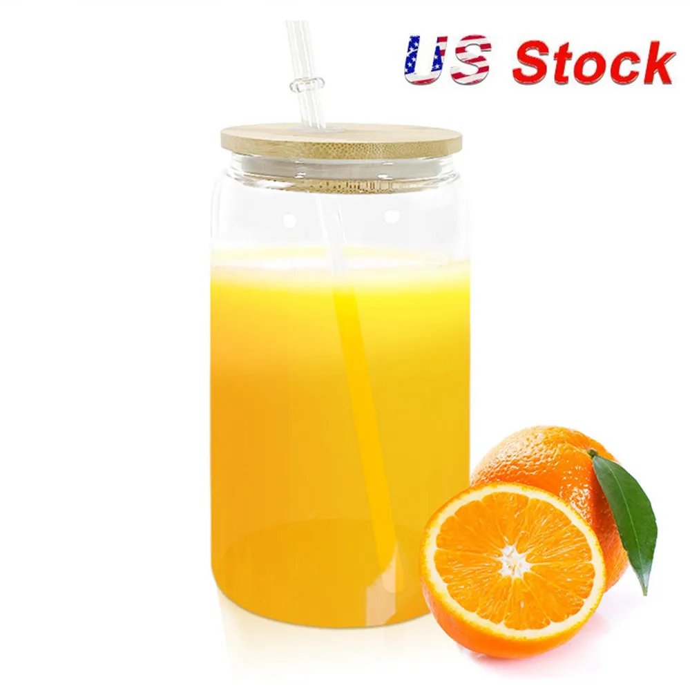 USA /CA Warehouse Sublimation 16oz Glass Tumblers with Bamboo Lid Reusable Straw Beer Can Transparent Frosted Mugs Tumbler Soda Can Cups