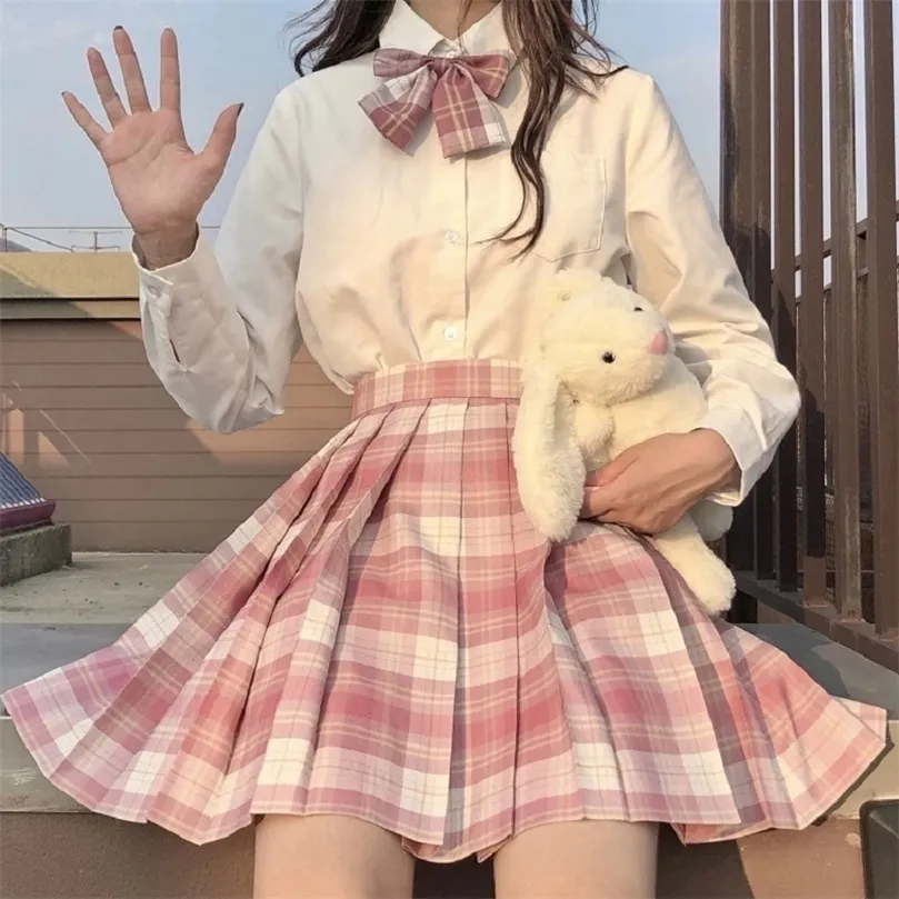 Jmprs plaid kvinnor pläterad kjol båge knut sommar hög midja preppy girls dance mini söt en linje harajuku sexig japan faldas 220401