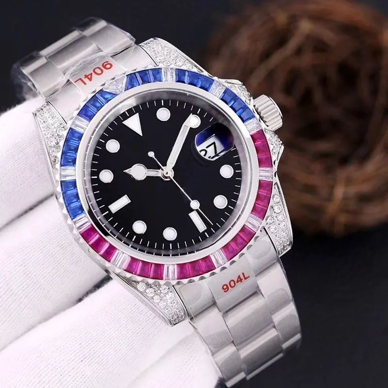 Mens Automatiska mekaniska klockor 40mm full rostfritt stål Rainbow Diamond Bezel armbandsur Montre de Luxe Swimming Watch for Men Dropshipping