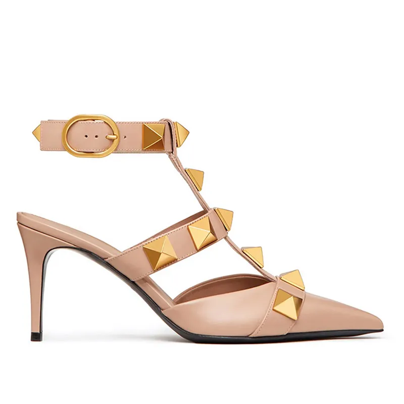 Avec boîte Designer VT Sandal High Dress Chaussures Bride à la cheville Goujons romains Noir Nude Strip Rivets Femmes Stiletto Block Talon 60 80 100 MM Poin Talon Chaussures 226