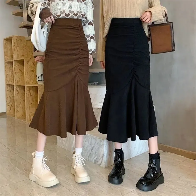 Люсивер мода высокая талия MIDI юбки для женщин плюс размер S-2XL Slim Fit бедра русалка юбка женщина корейские оборками коричневые 220322