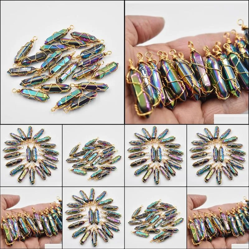 gold wire colorful stone charms hexagonal healing reiki point pendants for jewelry making