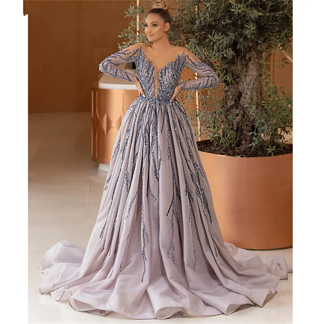 Uroczy Lekki Purple Prom Dresses Długie Rękawy Sheer Neck Jewel Evening Dress Custom Made Lace Aplikacje Cekinowa Suknia Party