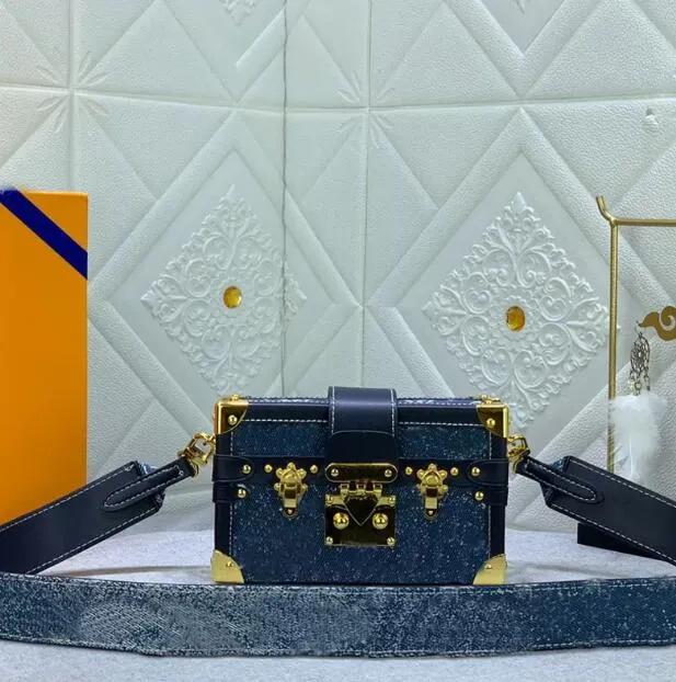 Denim Canvas handväska handväska crossbody påsar stammen lådan på kvällsväska avtagbar bred axel rem s-lock stängning guld hårdvarukoppling tote