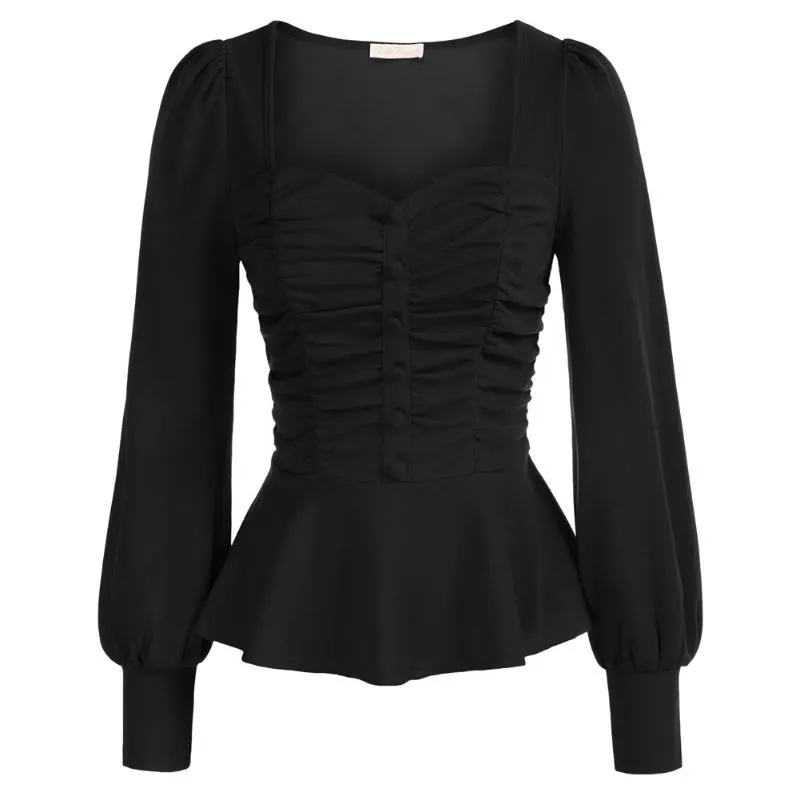 Polos Femmes Femmes Chemise Ruchée Puffée À Manches Longues Col Carré Peplum Hem Tops Rétro Mode Vêtements Lady Slim Chemises Printemps BlouseWomen's