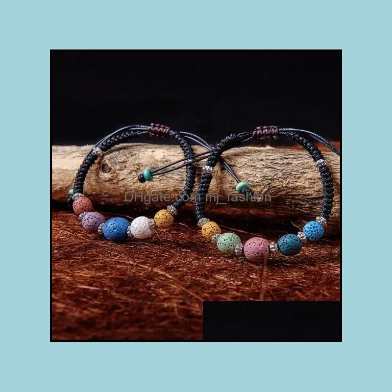 Bracelets à brins de perles, bijoux à la mode, en pierre de lave naturelle colorisée, par diffuseur d'huile essentielle, corde tissée réglable, livraison directe
