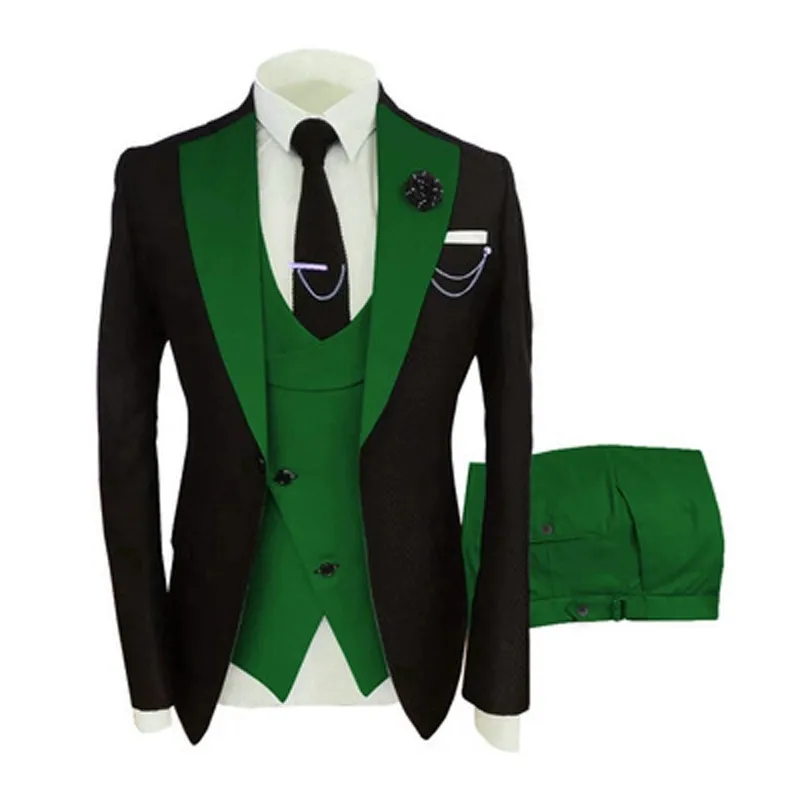 Yeni Popüler Siyah 3 Parça Suit Erkekler Düğün Smokin Yeşil Çentik Yaka Slim Fit Damat Smokin Erkekler Yemeği Balo Blazer (Ceket + Pantolon + Kravat + Yelek) 776
