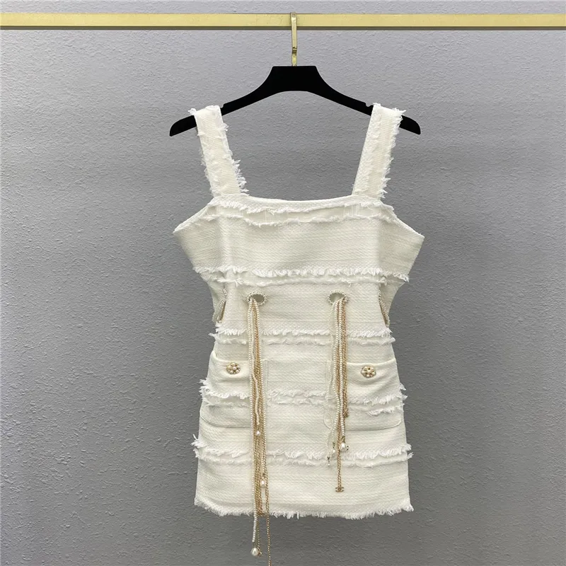 Runway Dresses designer 2022 women summer a-line dress tweed dresses with pearls belt female milan runway designer dresses sleeveless tassel tank tops