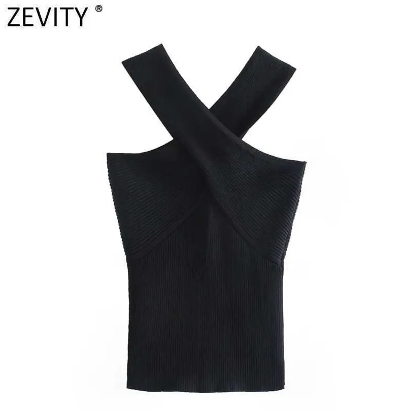 Zevity Women Chic Sexy Cross Pasp Black Knitting Camis Tank High Street Lets Lets Slim Crop Tops SW835 210603