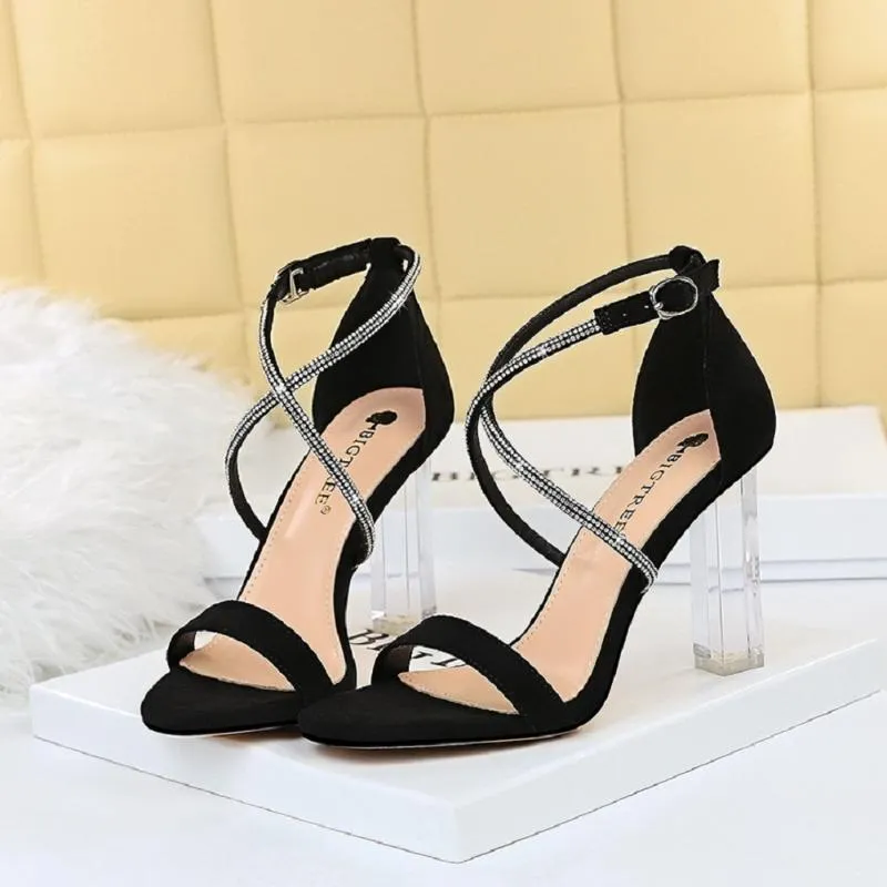 Sandals Fashion Sexy Summer Women's Shoes Transparent Crystal With High Heel Open Toe Rhinestone Cross Strap Black