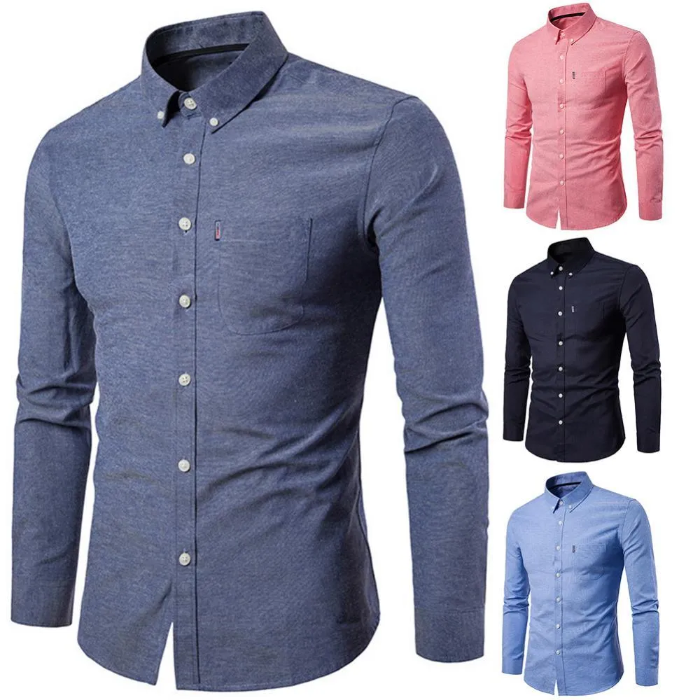 Camisa masculina de cor sólida com gola para baixo e manga comprida camisa fina com botão e bolso de trabalho