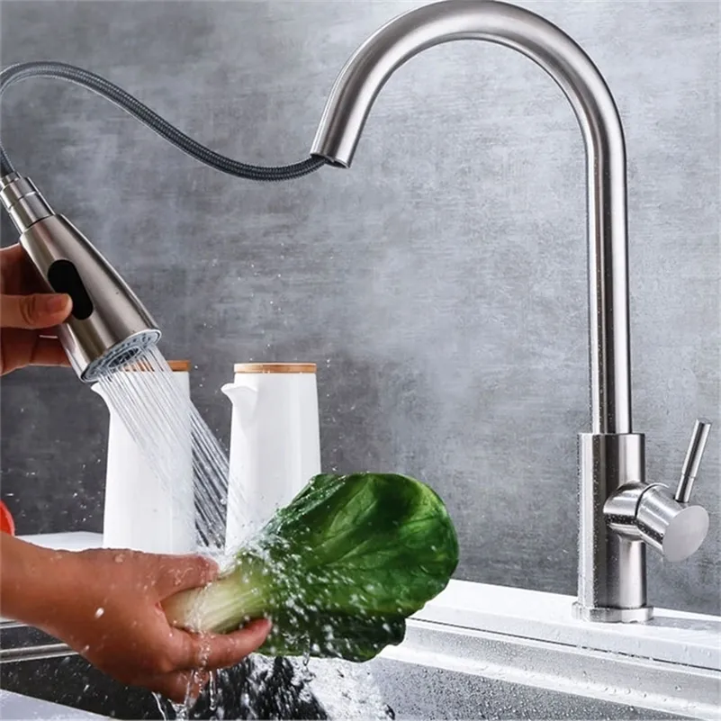 Kitchen Faucets Stainless Steel Mixer Single Hole Pull Out Spout And Cold Tap Sink Stream Sprayer Head 220722