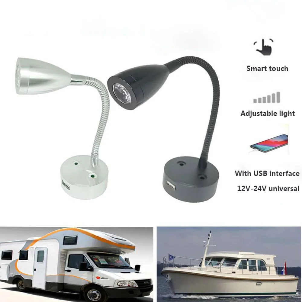 V￤gglampor RV LED -l￤sning Ljus DC12V 24V Smart Touch Dimble Flexible Goosenhals Wall Lamp f￶r husbil Yacht Cabin med USB Charger Port