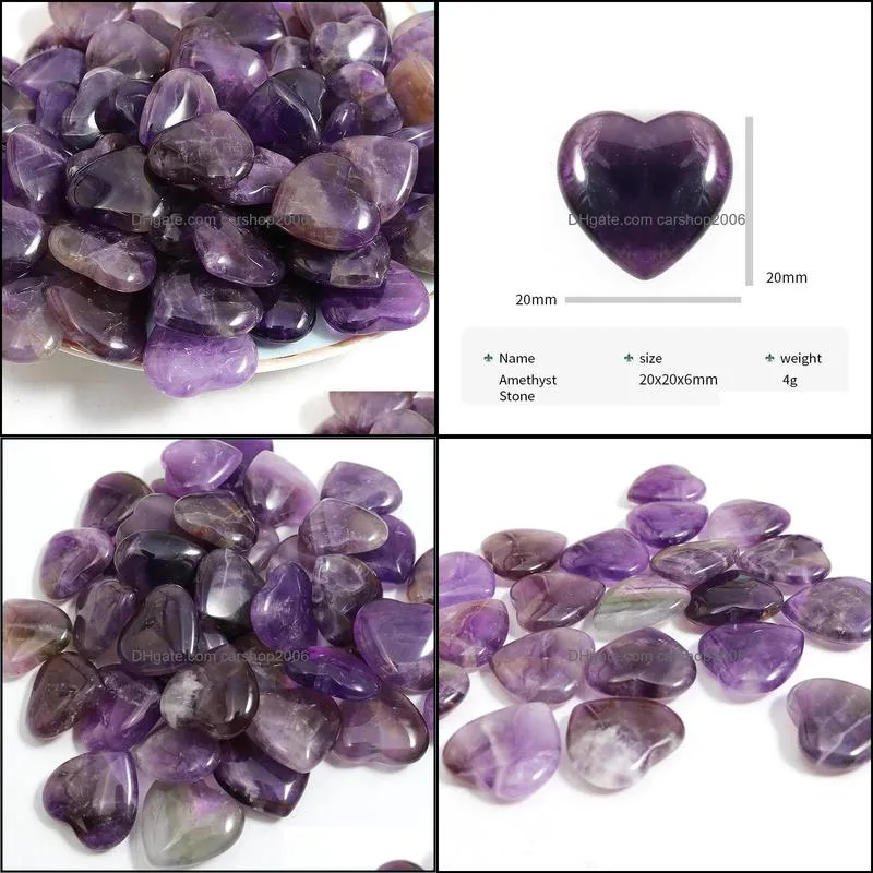 Natural Crystal Stone Ornaments Carved 20*6MM Heart Amethyst Chakra Reiki Healing Quartz Mineral Tumbled Gemstones Hand Home Decor