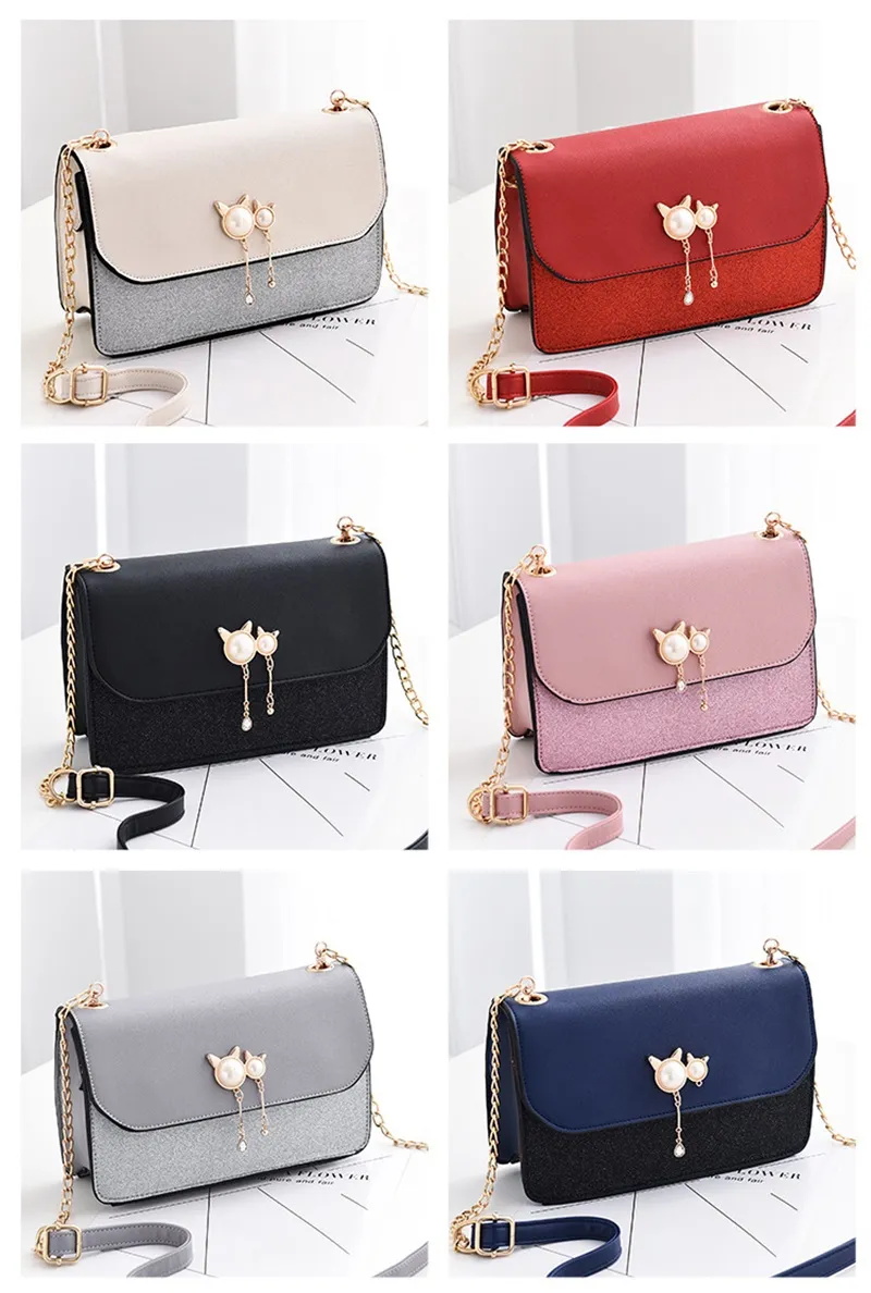 Myyshop dame schattig crossbody tassen kat kleine parel schouder handtas vrouwen lange portemonnee portemonnee ketting verstelbaar