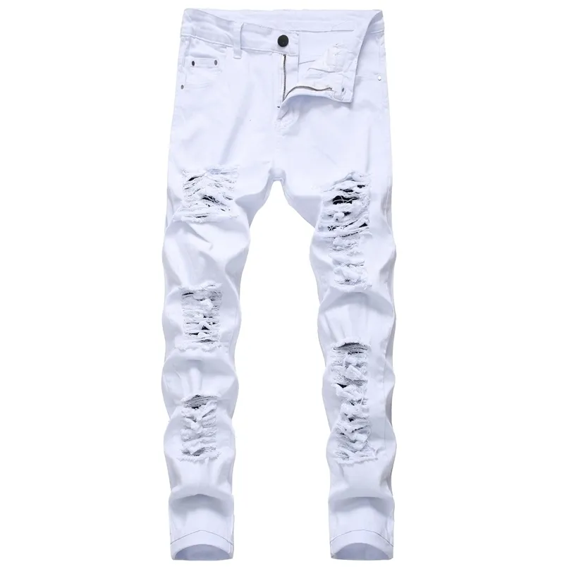 Varış erkek pamuk yırtık delik kot rahat ince sıska beyaz erkekler pantolon moda streç hip hop denim pantolon erkek 220328