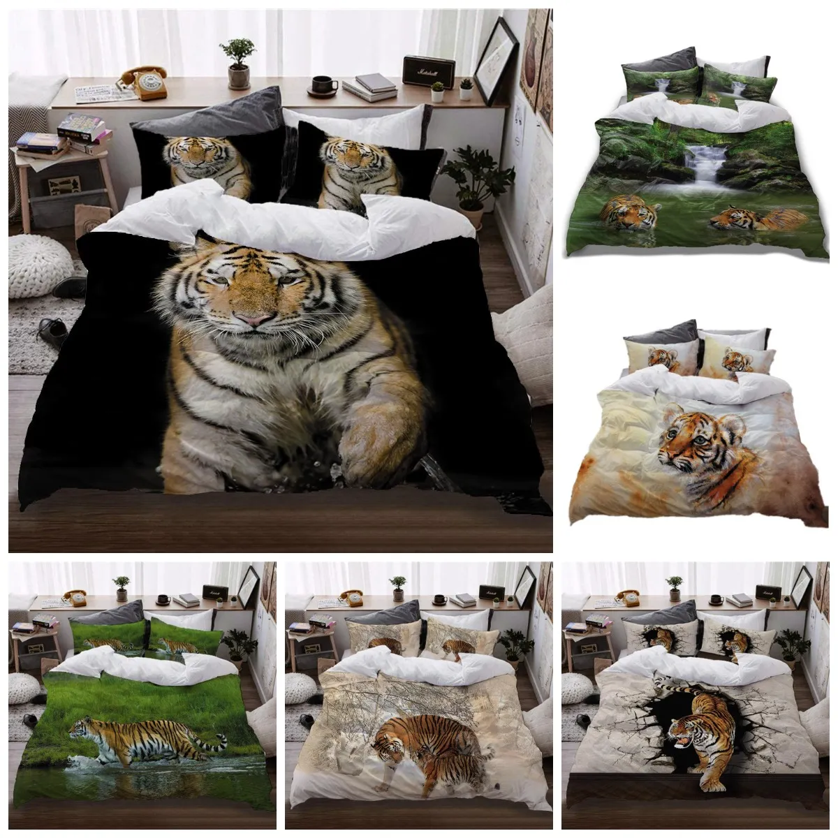 Juegos de cama 3D Juego de funda de edredón negro Funda de edredón de poliéster suave para la piel con funda de almohada King Queen 200x230cm Tamaño Animal Tiger Design Impreso