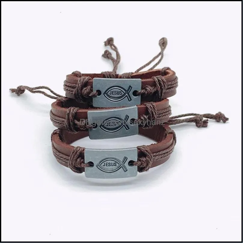 fashion brown leather rope braided handmade jesus charm bracelets jewerly punk bangle for women men unisex