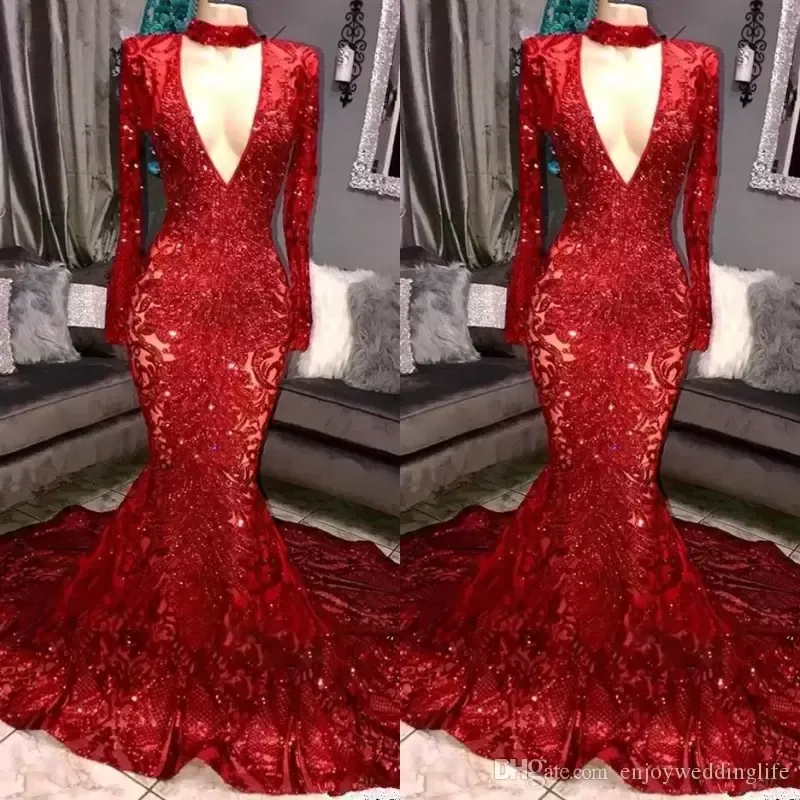Красные блестки Блестящие платья для выпускного вечера Дизайнерские платья с V-образным вырезом и длинными рукавами с рюшами на заказ Вечерние платья Формальная одежда больших размеров Vestidos estidos