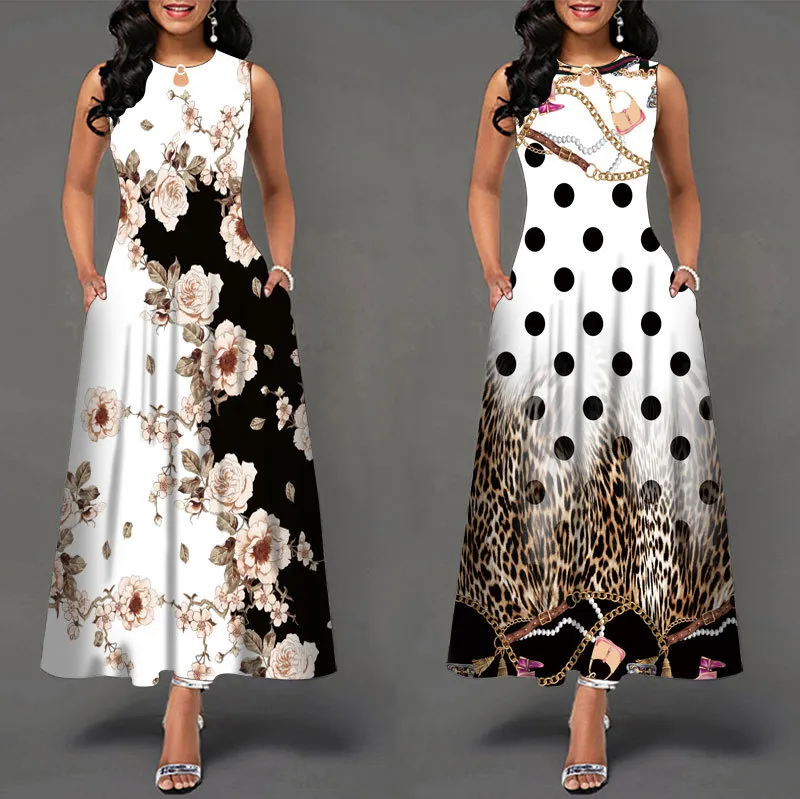 2022 femmes Vintage robe sans manches longue robe positionnement imprimer grande balançoire jupe bohème rétro longue jupe robe pour les femmes