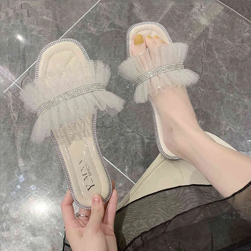 Pantoufles Maille Strass Sandales et Femme Nouveau Printemps Transparent Fond Mou À L'extérieur Porter Des Chaussures De Mode 220516