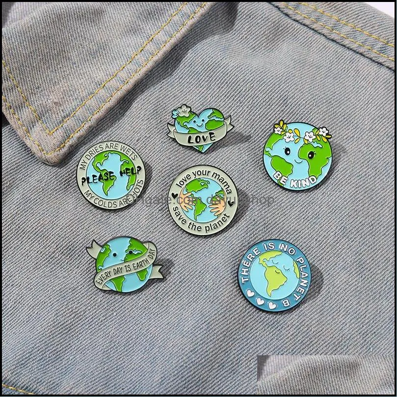 european love earth shape circle brooches environmental protection heart letters lapel pins unisex alloy enamel flower handbag clothing badge