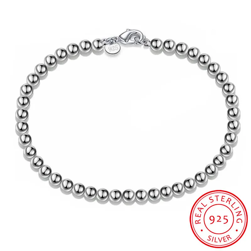 Original 100% véritable argent tibétain 925 Bracelet 4mm perles rondes 20cm chaîne Bracelet bijoux pour femmes LSL133
