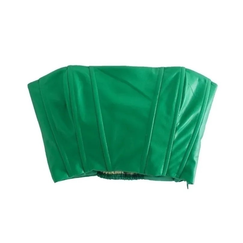 TRAF Top con spalle scoperte Donna Verde Crop Corsetto femminile in ecopelle con tubo increspato Carro armato donna sexy Bustino senza schienale s 220318