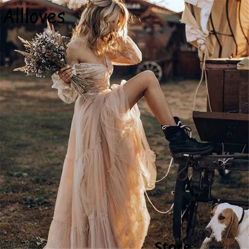 Champagne Country Western Wedding Gowns med långa ärmar Retro Cowgir V-Neck Bohemian spets brudklänningar svep Train Tulle A Lin297p