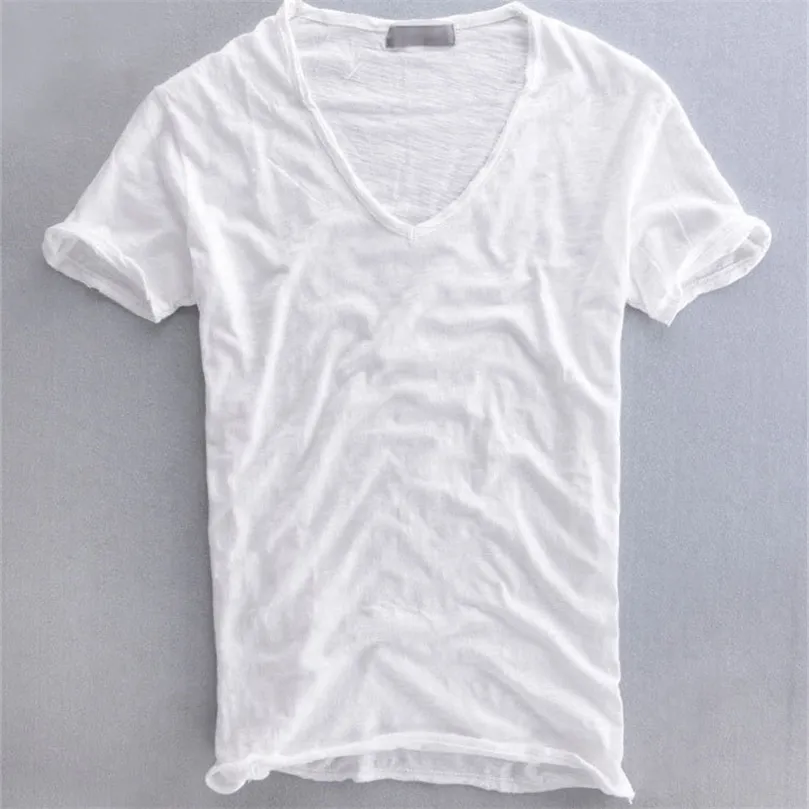 summer casual T-shirt pure cotton slub breathable retro solid color V-neck short sleeve 210317
