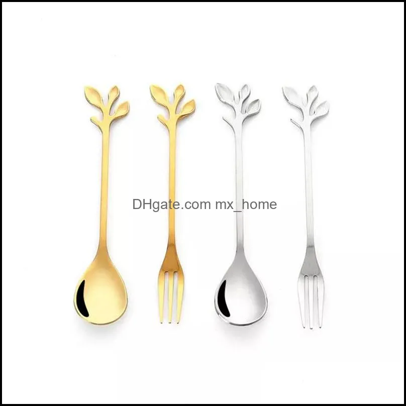 stainless steel gold/silver tree branch dessert spoon fruit fork coffee stirring milk tea tableware gift kitchen dinner forks wll414