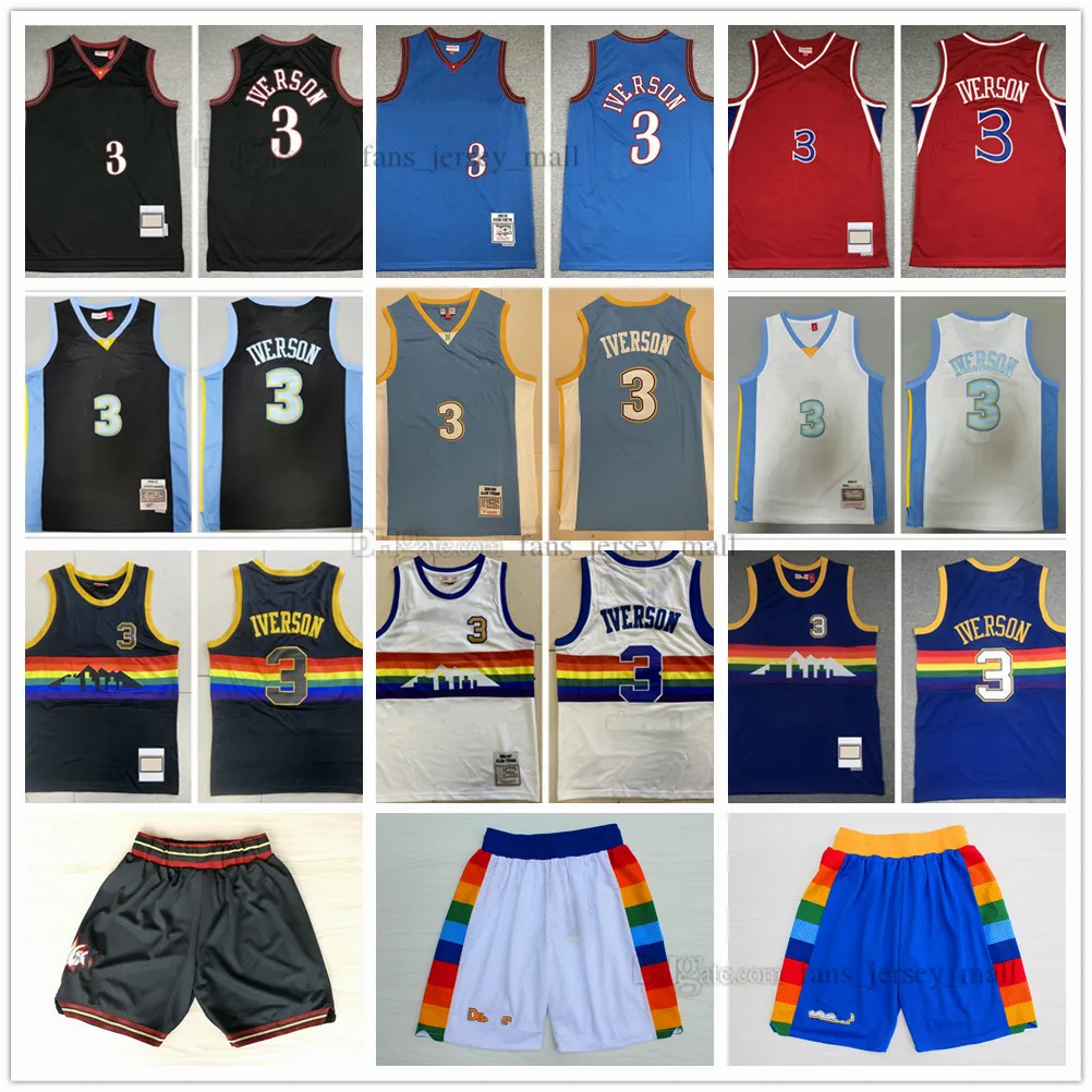 Genähte Basketball-Trikots, Shorts, Allen 3 Iverson, Schwarz, Weiß, Blau, Trikot 1996–97, 1997–98, 2003–04, Herrengröße XS–XXL
