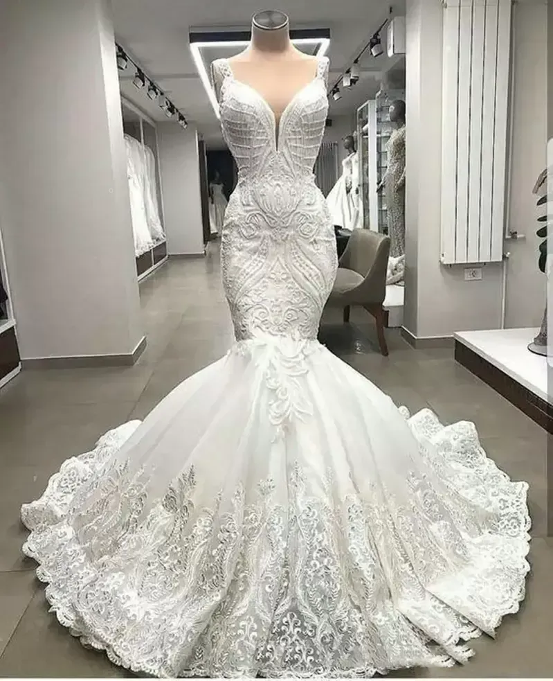 Um PCS NOVO !!! High END de renda única sereia vestidos de casamento apliques dubai 2022 vestidos nupciais frisados ​​feitos sob encomenda de mariee